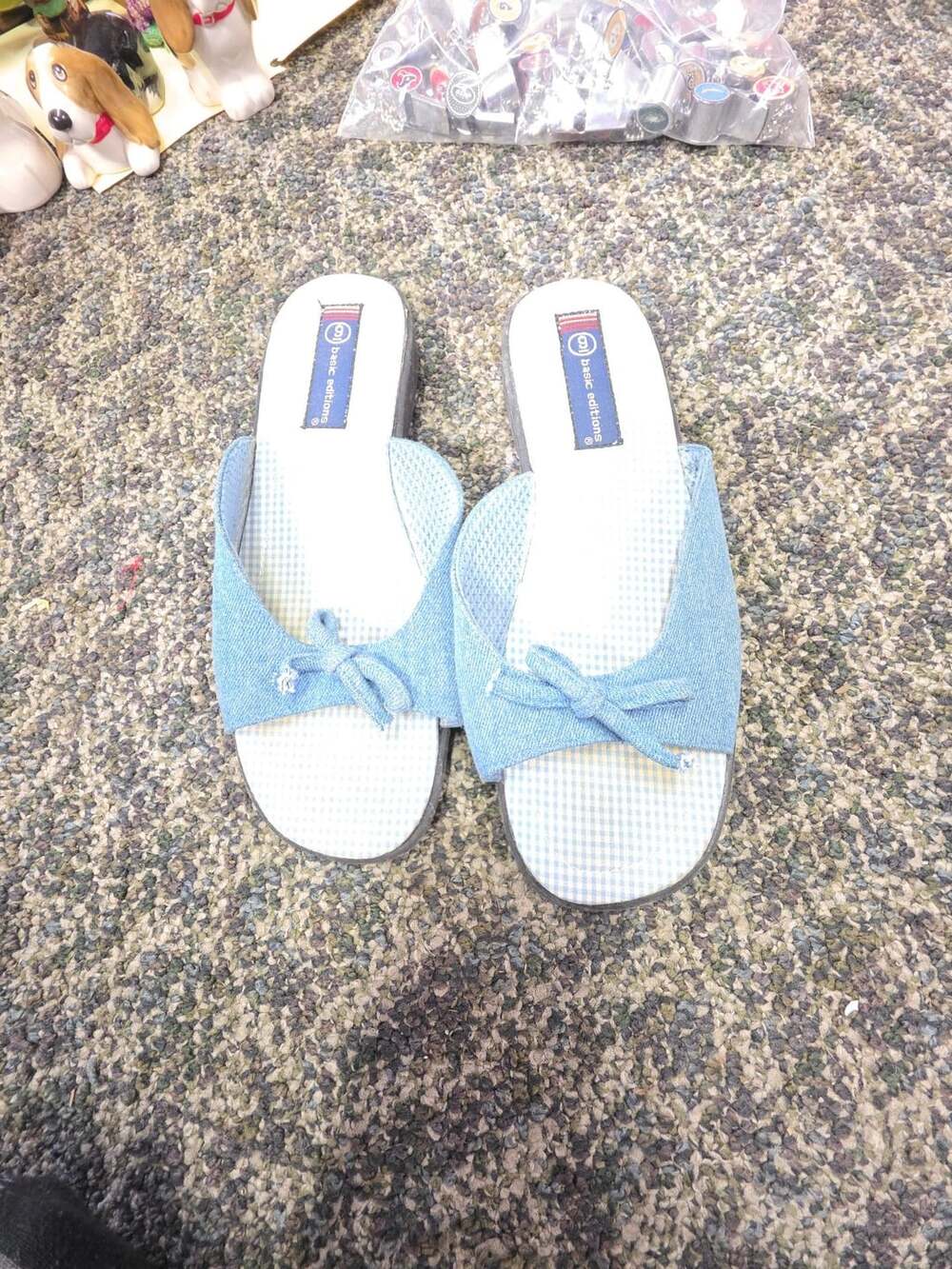 Basic Editions Denim Bow Slide Sandals Blue Gingham